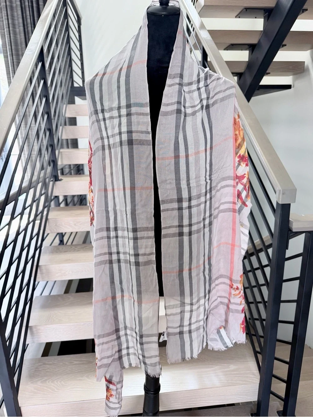 Floral Plaid Lightweight Scarf - Red, Yellow, Gray on White